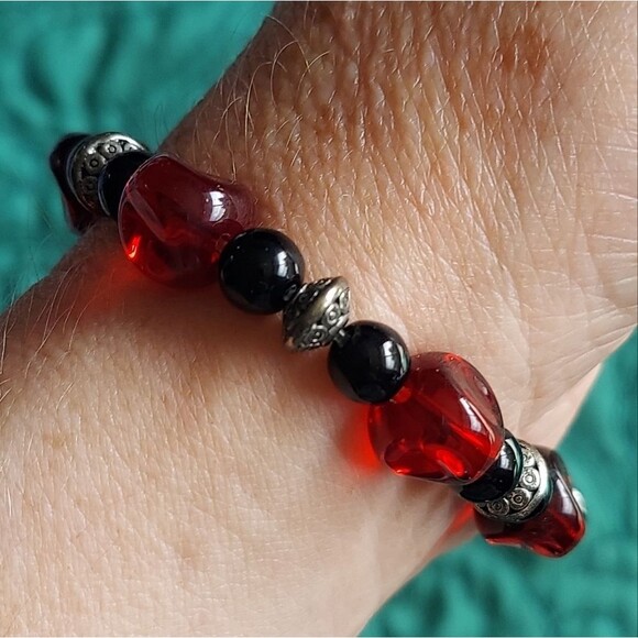 Handmade Red, Black, Silver Bracelet - Picture 3 of 12